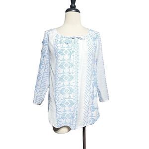 Fred David 3/4 Sleeve Blue and White Blouse Size Medium